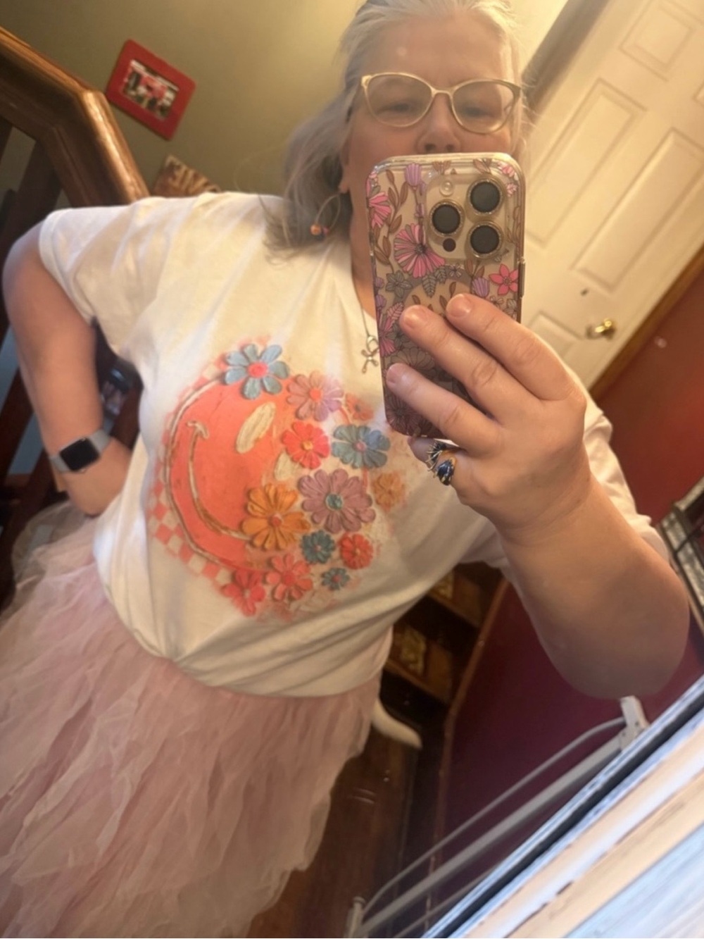 Jerzees White Tee with Pink Floral Smiley